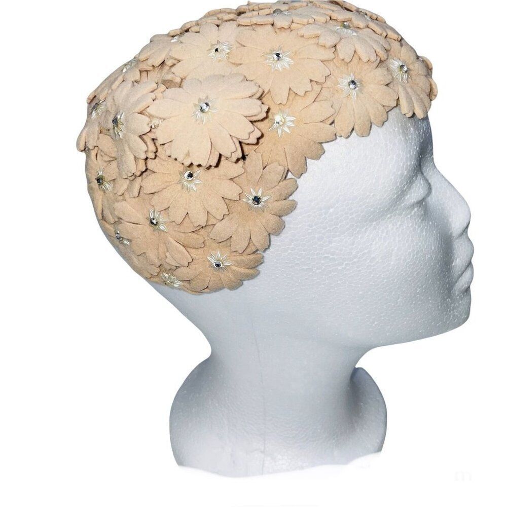 Vintage 50s Crown Beige Hat Floral Pearls Wedding Dance Costume Theatre